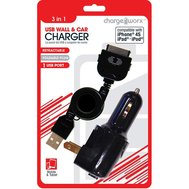 CX3016BK USB Wall/Car/USB Charger & Retractable 30 Pin Cable, Black