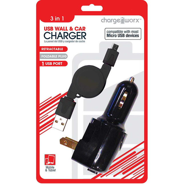 CX3017BK USB Wall/Car/USB Charger & Retractable Micro-USB Cable, Black