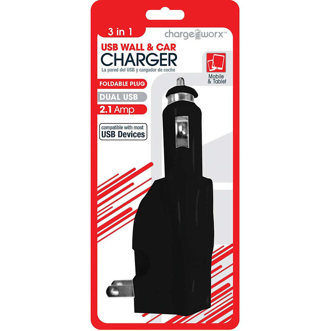 CX3025BK 3-in-1 Dual USB Wall & Car Charger, Black