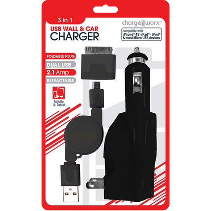 CX3030BK 2.1A Dual USB Wall/Car/USB Charger & Retractable  Micro USB Cable with 30 Pin Tip, Black