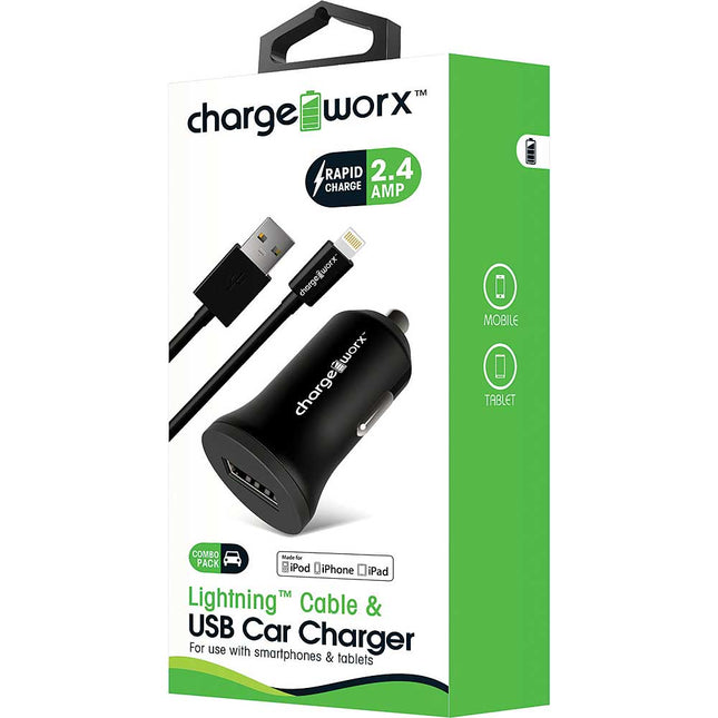 2.4Amp USB Car Charger & Lightning Cable, Black