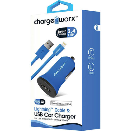 2.4Amp USB Car Charger & Lightning Cable, Blue