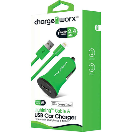 2.4Amp USB Car Charger & Lightning Cable, Green
