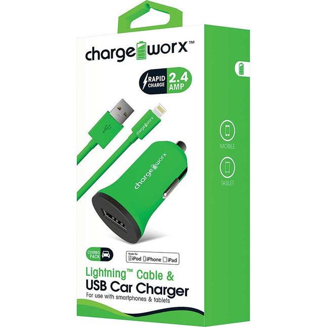 2.4Amp USB Car Charger & Lightning Cable, Green