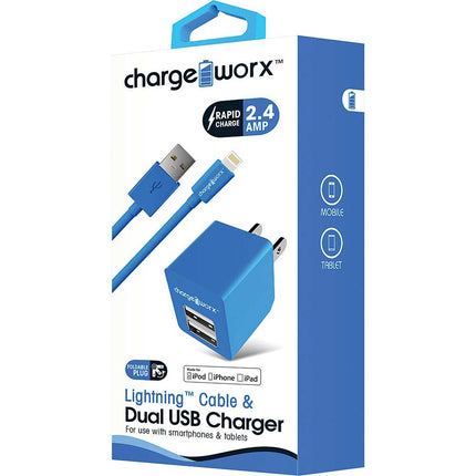 Lightning Sync Cable & 2.4A Dual USB Wall Chargers, Blue
