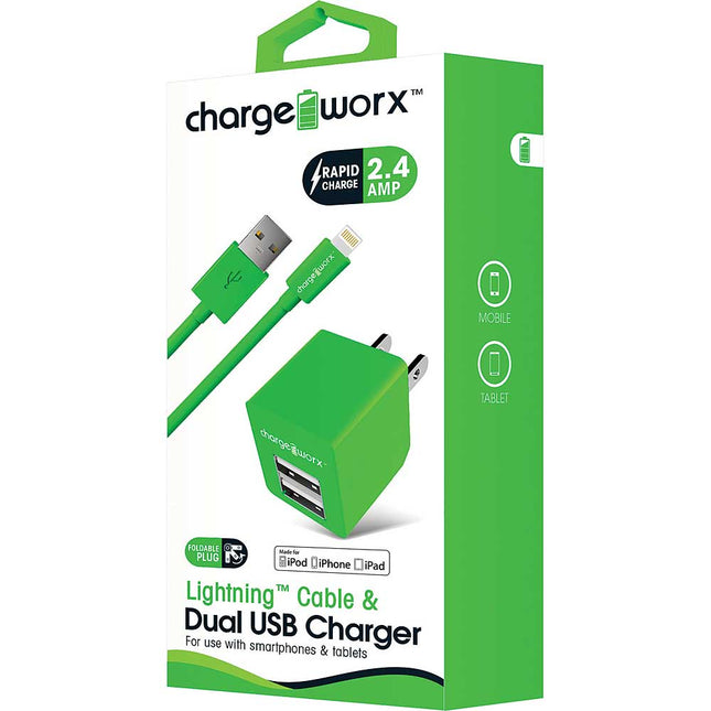 Lightning Sync Cable & 2.4A Dual USB Wall Chargers, Green