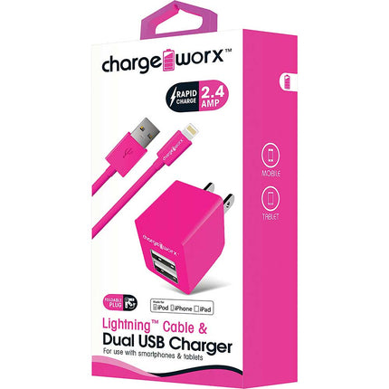Lightning Sync Cable & 2.4A Dual USB Wall Chargers, Pink