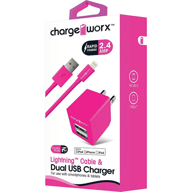 Lightning Sync Cable & 2.4A Dual USB Wall Chargers, Pink