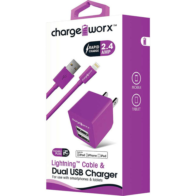 Lightning Sync Cable & 2.4A Dual USB Wall Chargers, Violet