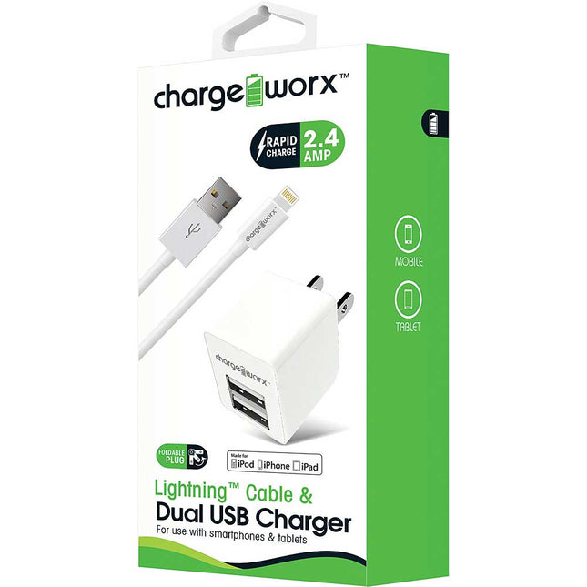 Lightning Sync Cable & 2.4A Dual USB Wall Chargers, White