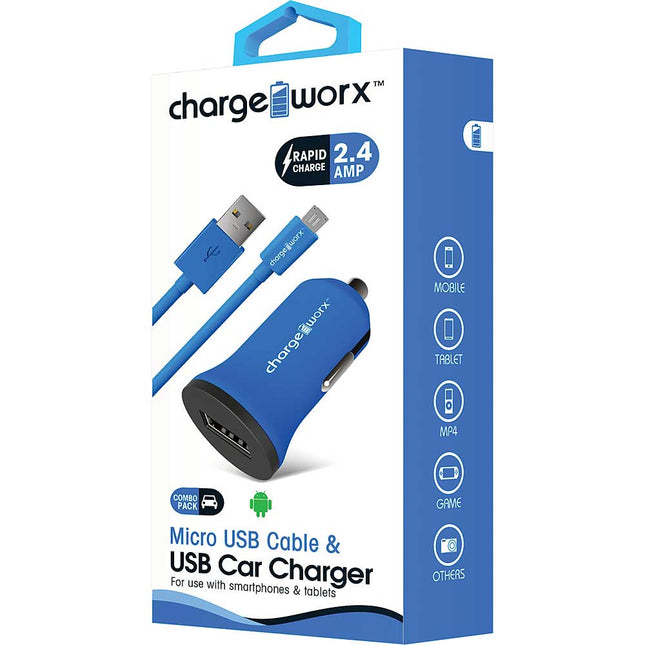 CX3037BL 2.4A USB Dual USB Car Charger & Micro USB Sync Cable, Blue