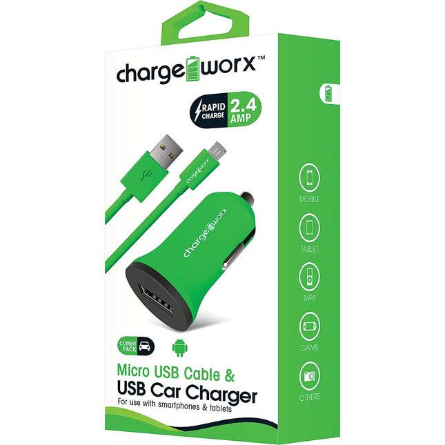 CX3037GN 2.4A USB Dual USB Car Charger & Micro USB Sync Cable, Green