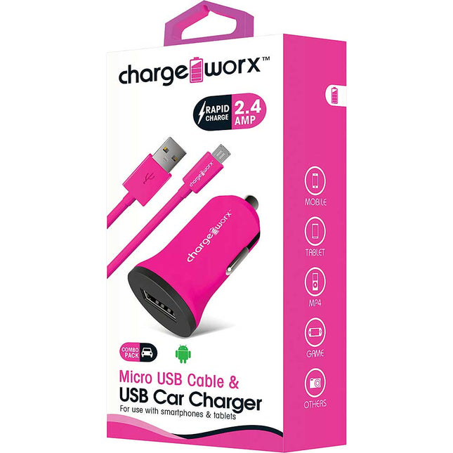 CX3037PK 2.4A USB Dual USB Car Charger & Micro USB Sync Cable, Pink