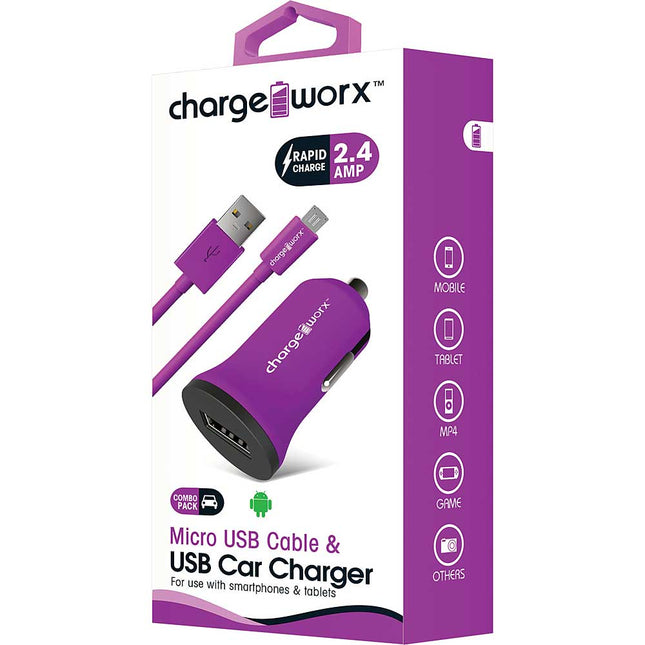 CX3037VT 2.4A USB Dual USB Car Charger & Micro USB Sync Cable, Purple