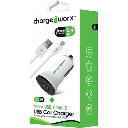 CX3037WH 2.4A USB Dual USB Car Charger & Micro USB Sync Cable, White
