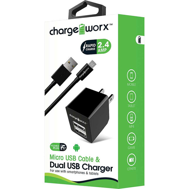 CX3038BK 2.4A USB Dual USB Wall Charger & Micro USB Sync Cable, Black