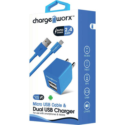 CX3038BL 2.4A USB Dual USB Wall Charger & Micro USB Sync Cable, Blue