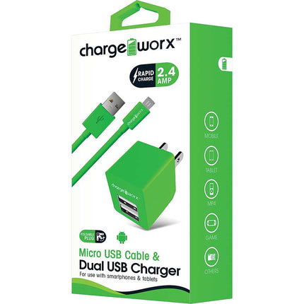 CX3038GN 2.4A USB Dual USB Wall Charger & Micro USB Sync Cable, Green