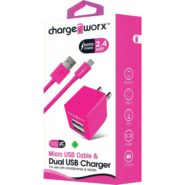 CX3038PK 2.4A USB Dual USB Wall Charger & Micro USB Sync Cable, Pink