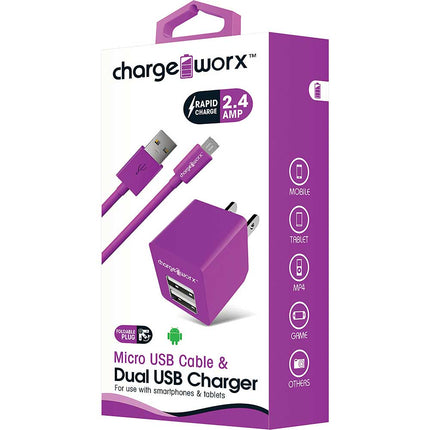 CX3038VT 2.4A USB Dual USB Wall Charger & Micro USB Sync Cable, Purple