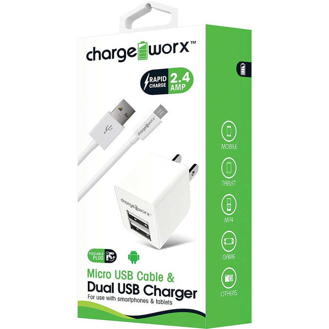 CX3038WH 2.4A USB Dual USB Wall Charger & Micro USB Sync Cable, White