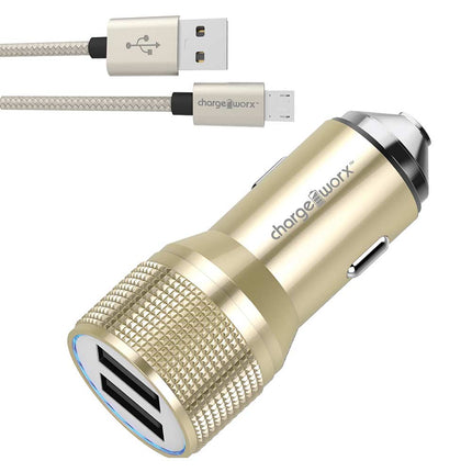 3.4 Dual USB Car Charger with Escape Hammer & Micro USB Cable, Gold