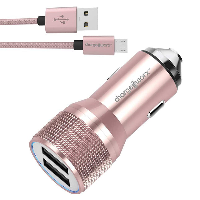 3.4 Dual USB Car Charger with Escape Hammer & Micro USB Cable, Rose Gold