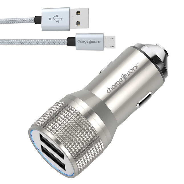 3.4 Dual USB Car Charger with Escape Hammer & Micro USB Cable, Silver