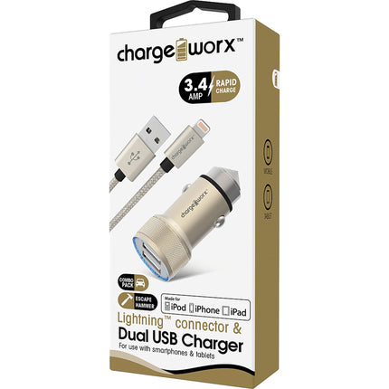 3.4Amp USB Car Charger & Lightning Cable, Gold