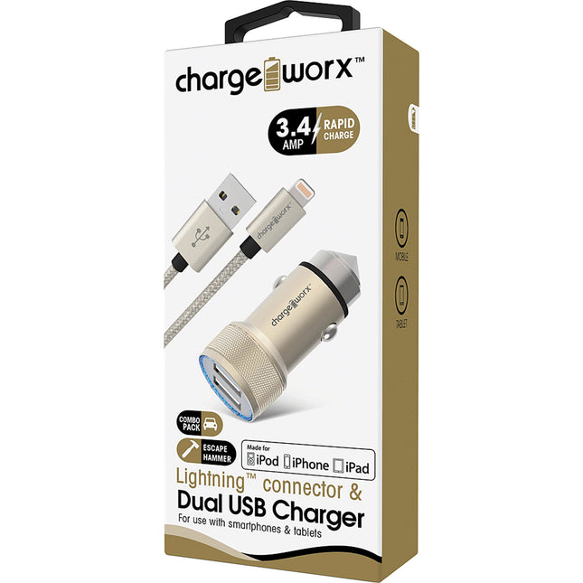 3.4Amp USB Car Charger & Lightning Cable, Gold
