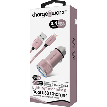 3.4Amp USB Car Charger & Lightning Cable, Rose Gold