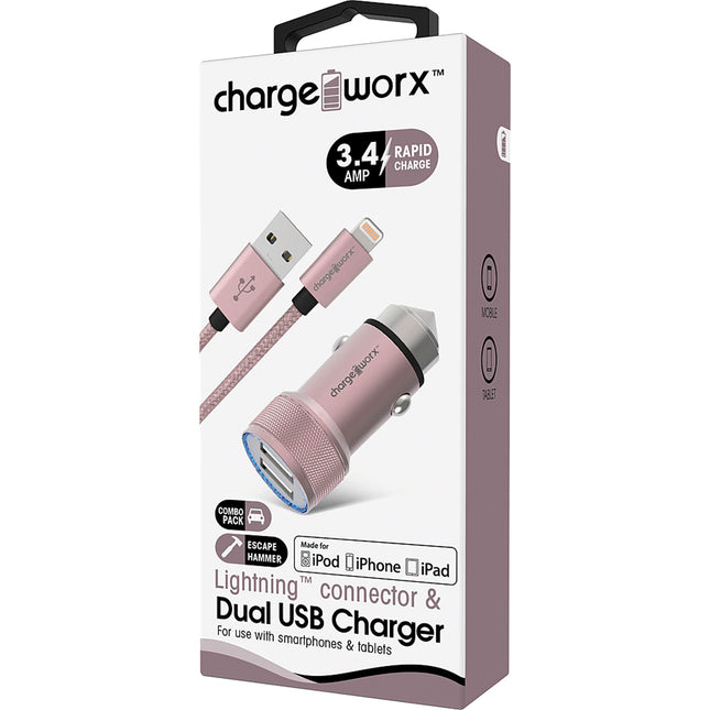 3.4Amp USB Car Charger & Lightning Cable, Rose Gold