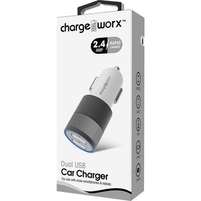 Dual USB Rapid Car Charger, White/Grey