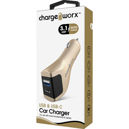 USB + UCB C Metal Car Charger, Gold