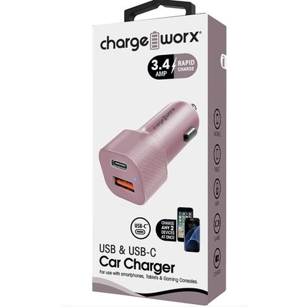 USB + UCB C Metal Car Charge, Rose Gold