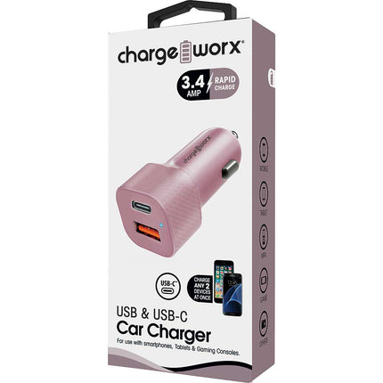USB + UCB C Metal Car Charge, Rose Gold