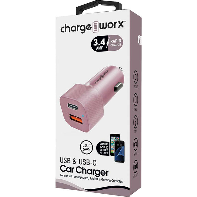 USB + UCB C Metal Car Charge, Rose Gold