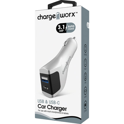 USB + UCB C Metal Car Charge, Silver