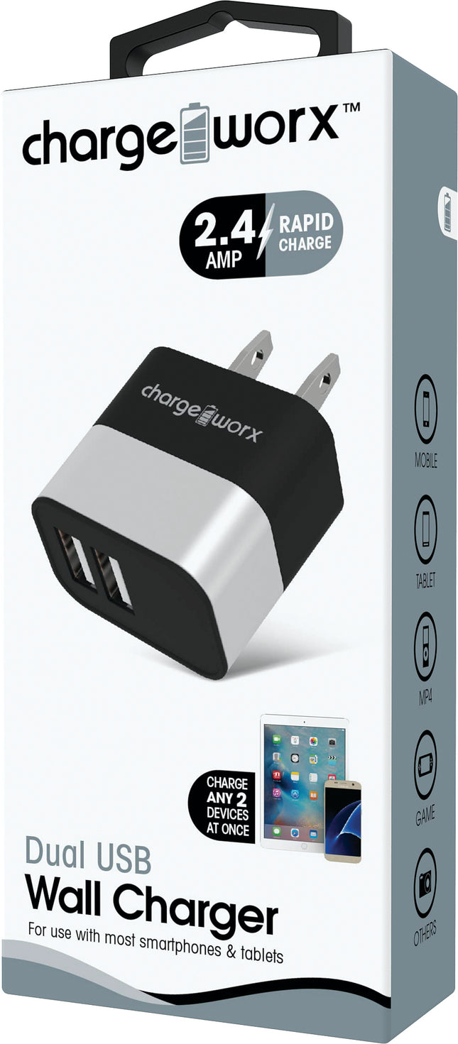 2.4A Dual USB Metal Wall Charger, Silver