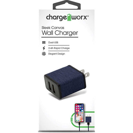 Dual USB Sleek Canvas Wall Charger, Blue