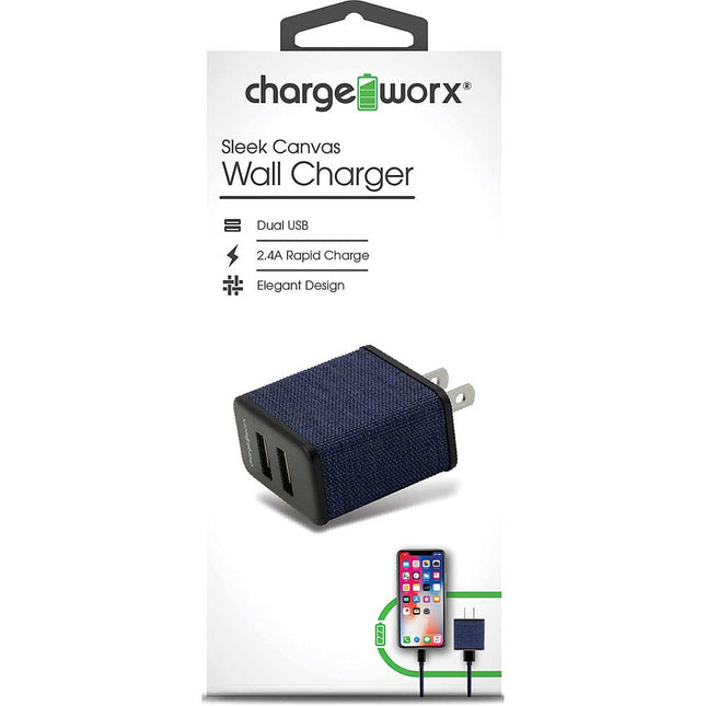 Dual USB Sleek Canvas Wall Charger, Blue