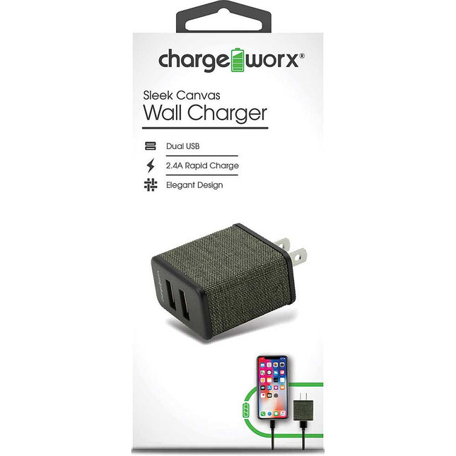Dual USB Sleek Canvas Wall Charger, Green