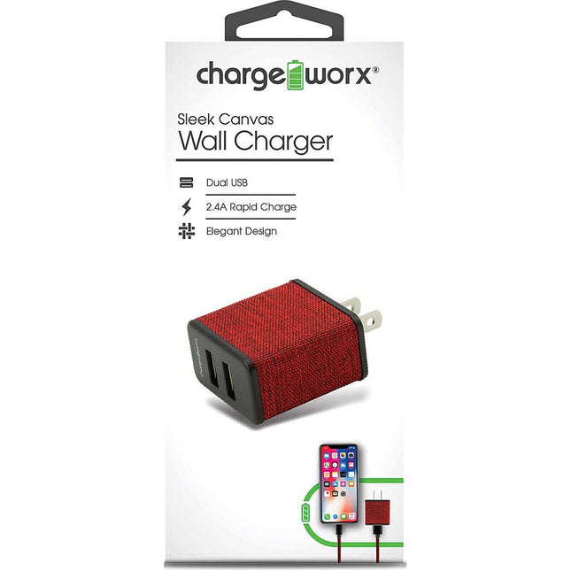 Dual USB Sleek Canvas Wall Charger, Red