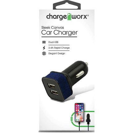 Dual USB Sleek Canvas Car Charger, Blue