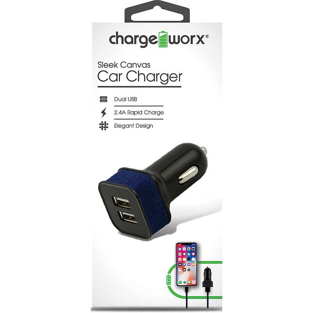 Dual USB Sleek Canvas Car Charger, Blue