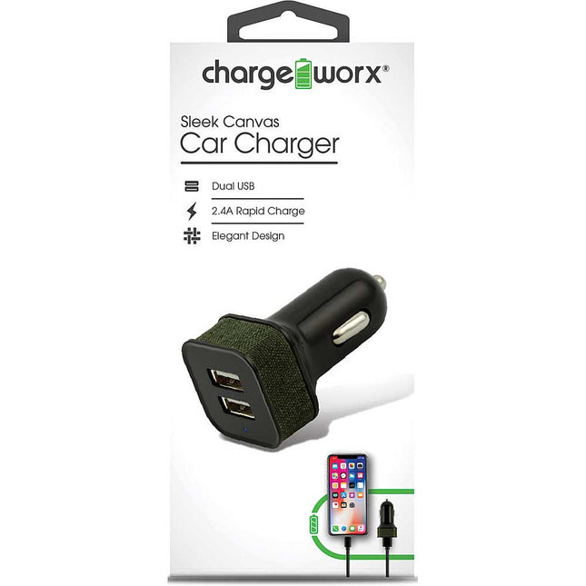 Dual USB Sleek Canvas Car Charger, Green