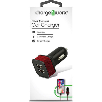 Dual USB Sleek Canvas Car Charger, Red