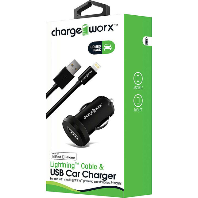 1Amp USB Car Charger & Lightning Cable, Black