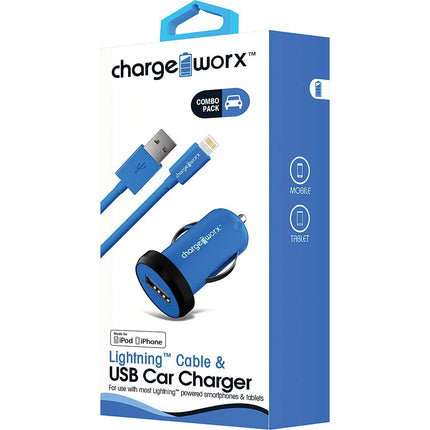 1Amp USB Car Charger & Lightning Cable, Blue