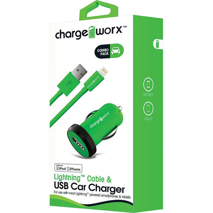 1Amp USB Car Charger & Lightning Cable, Green